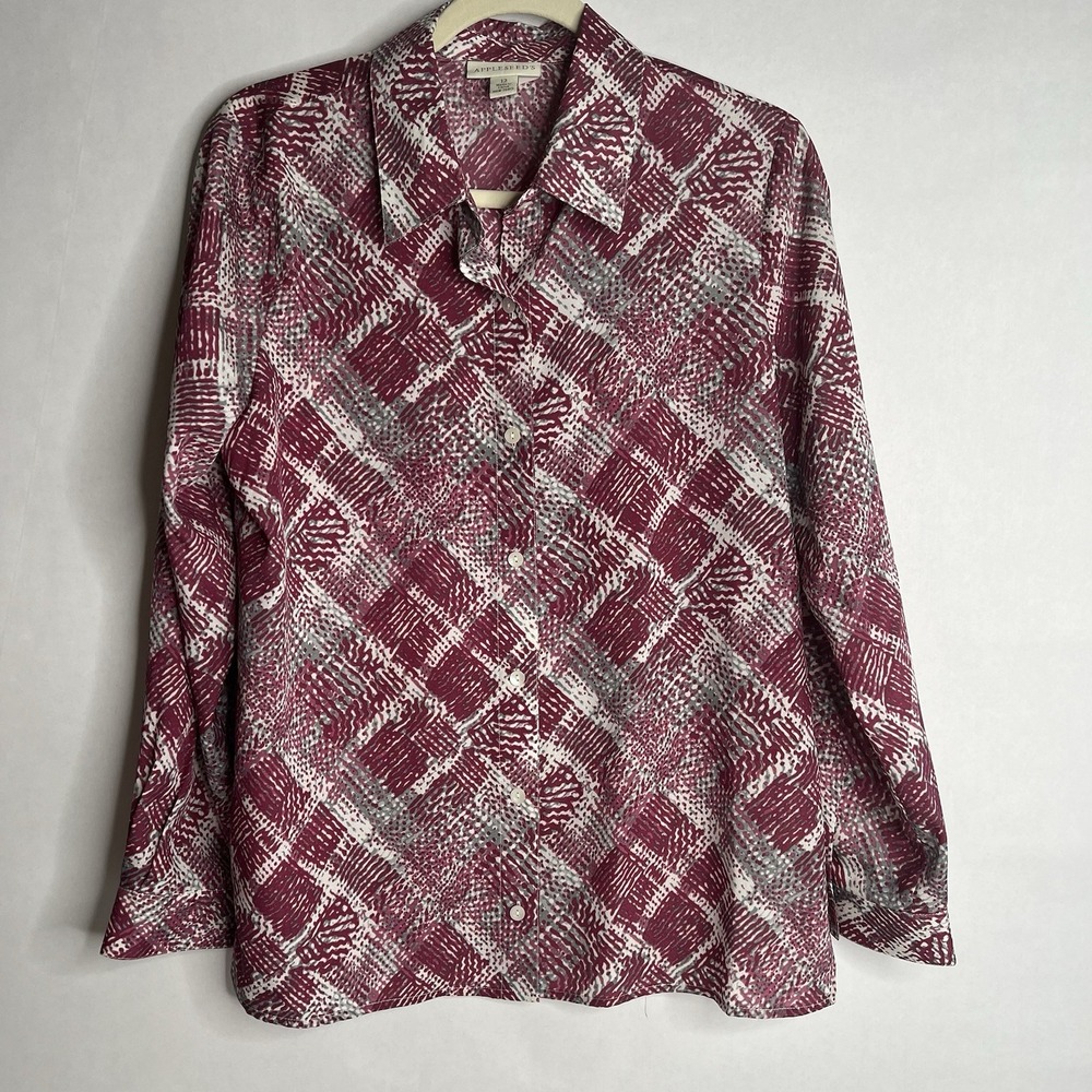 Appleseeds Dress Top‎ Size 12 Burgundy Button Up Down Abstract Plaid